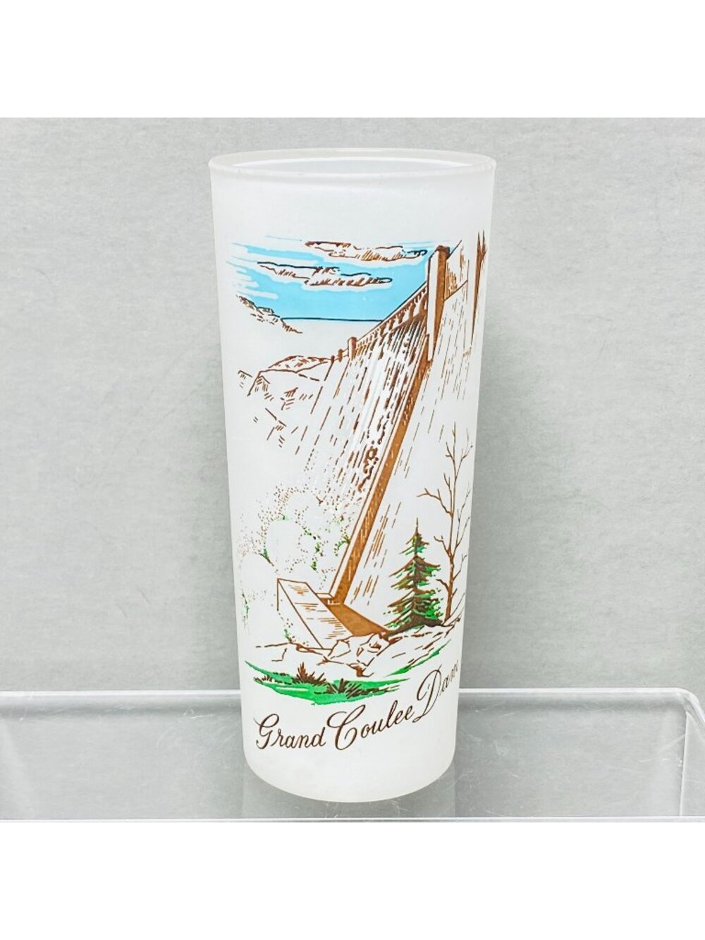 Vintage Grand Coulee Dam Frosted Souvenir Glass Tumbler 14 oz Washington State